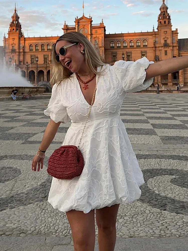 Embroidered A-Line Puff Sleeves Dress