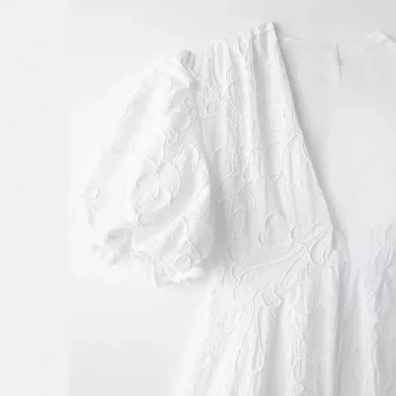 Embroidered A-Line Puff Sleeves Dress
