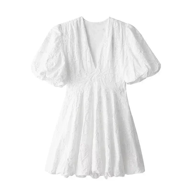 Embroidered A-Line Puff Sleeves Dress