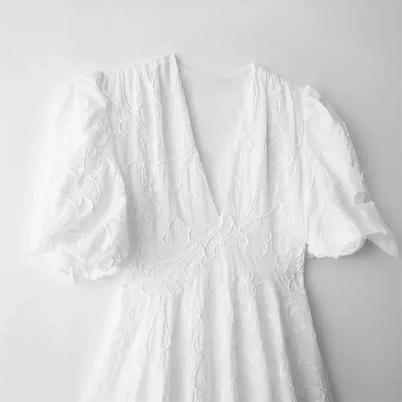 Embroidered A-Line Puff Sleeves Dress