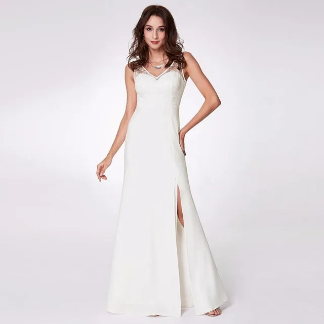 Ever Pretty Women's Fashion Simple Backless Spaghetti Strap Long White Party Evening Dresses with Ruffles