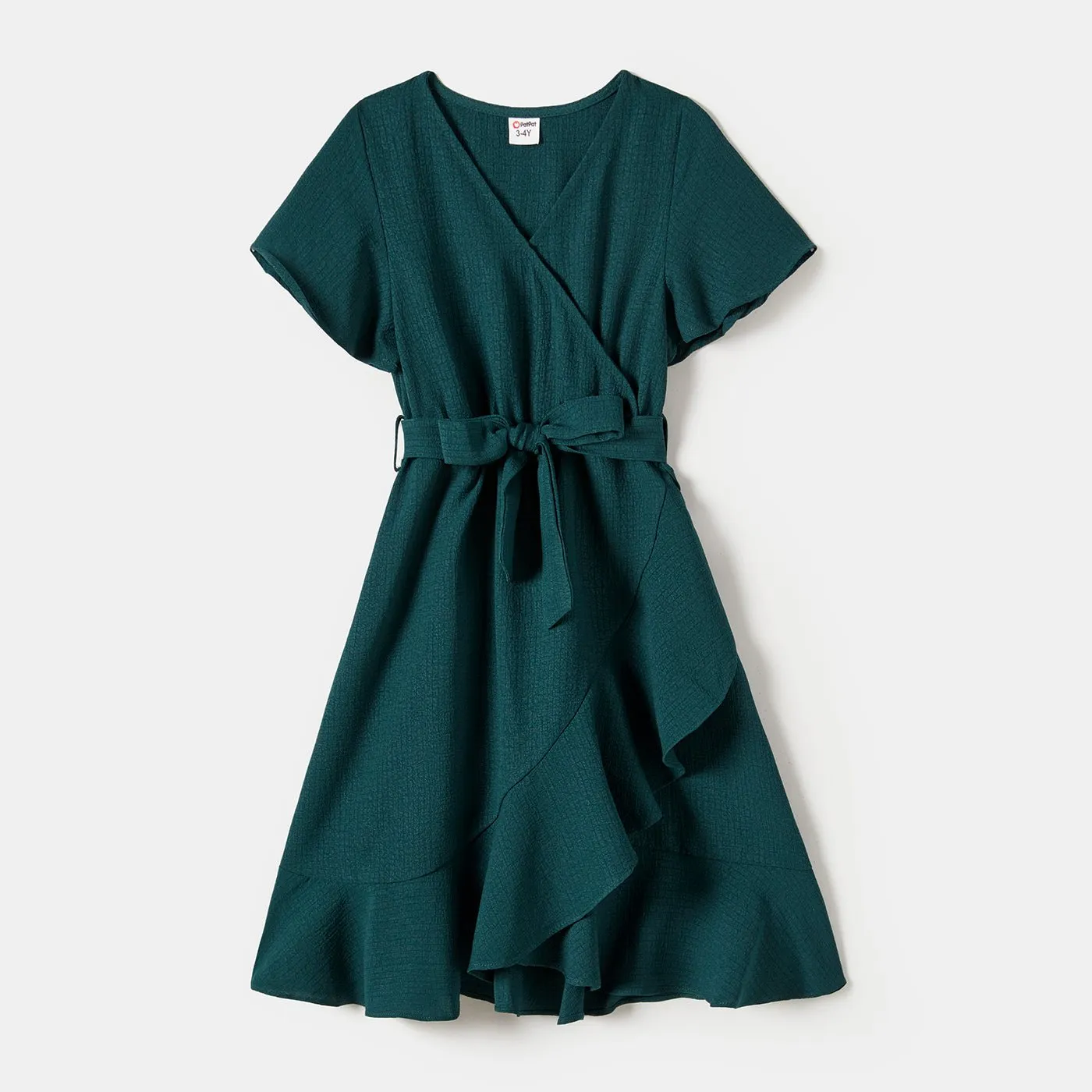Family Matching Green Solid Color V-neck Belted Dresses And Color Block Short-Sleeved Tops Sets