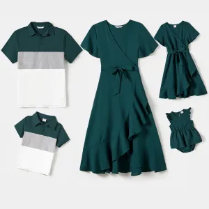 Family Matching Green Solid Color V-neck Belted Dresses And Color Block Short-Sleeved Tops Sets