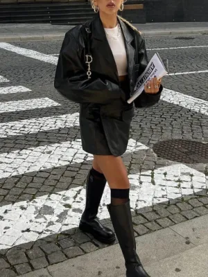 Faux Leather Crop Blazer Modern Two Piece Skirt Set