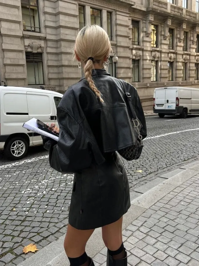 Faux Leather Crop Blazer Modern Two Piece Skirt Set