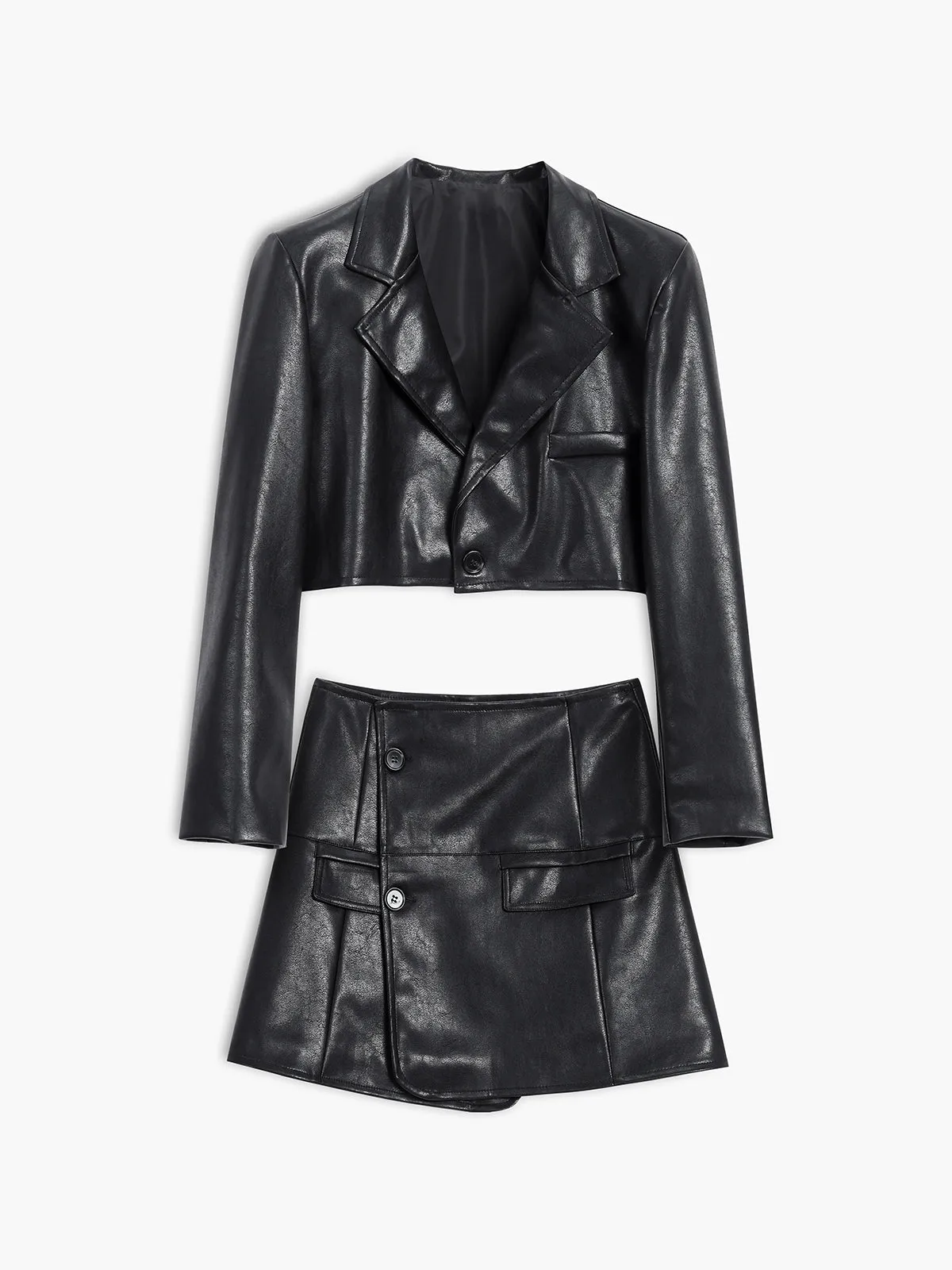 Faux Leather Crop Blazer Modern Two Piece Skirt Set