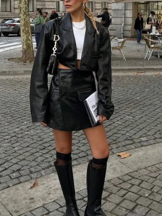 Faux Leather Crop Blazer Modern Two Piece Skirt Set