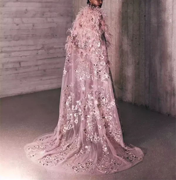 Feather Dotted Embroidered Tulle Blush Pink Dress And Cape