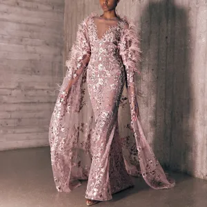 Feather Dotted Embroidered Tulle Blush Pink Dress And Cape