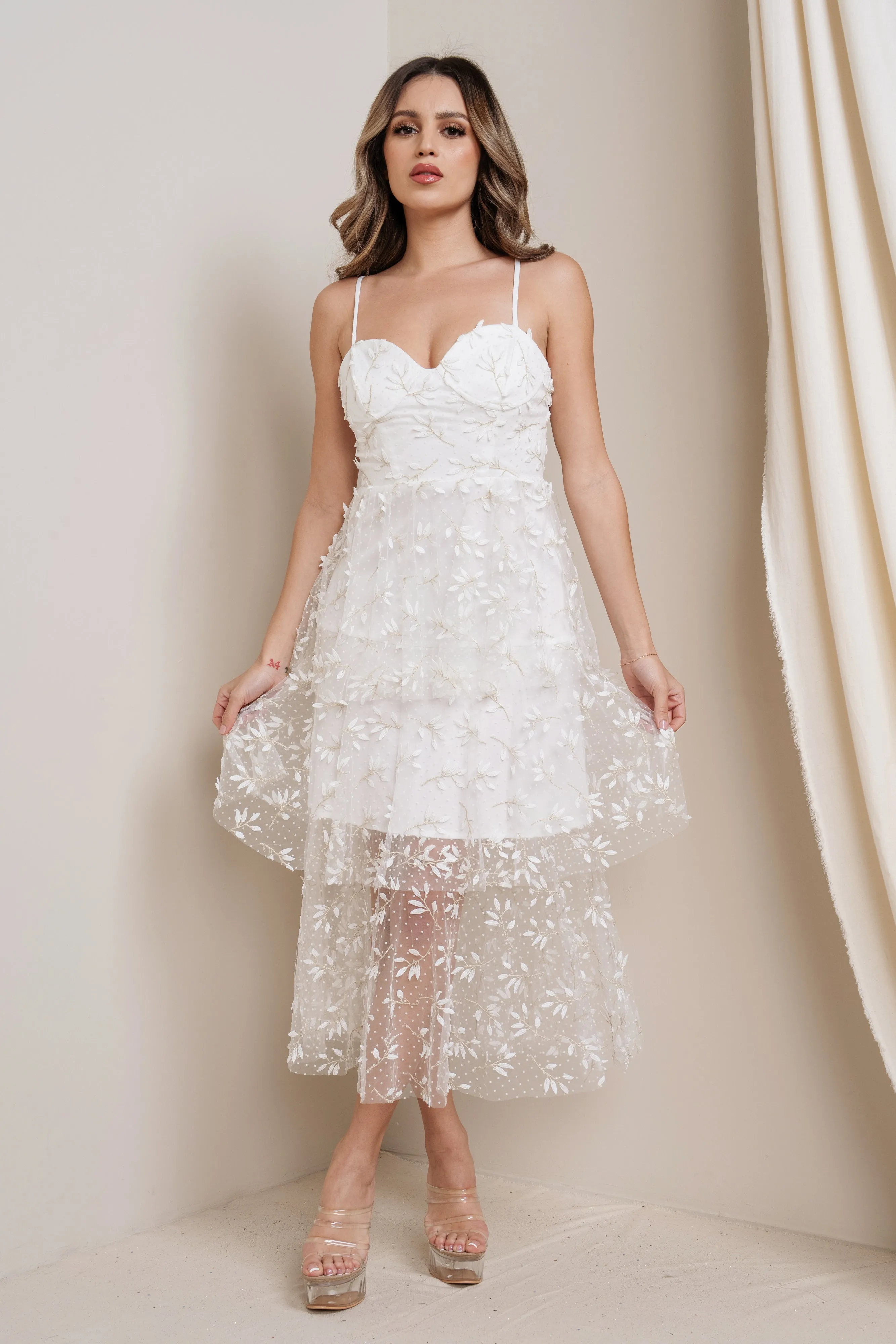 Floral Embroidered Tiered Lace Midi