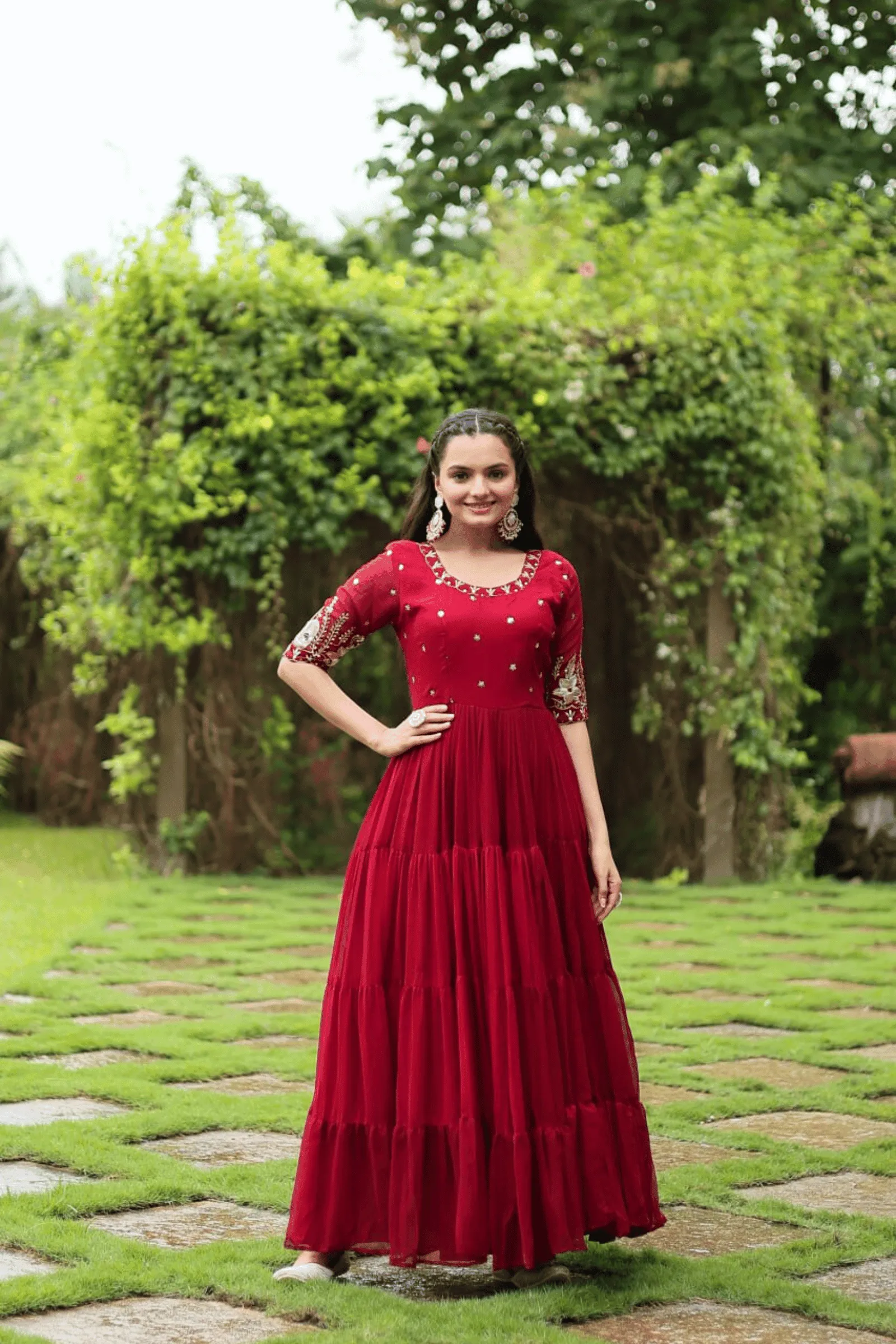 Glamwiz Cherry Red Anarkali Gown
