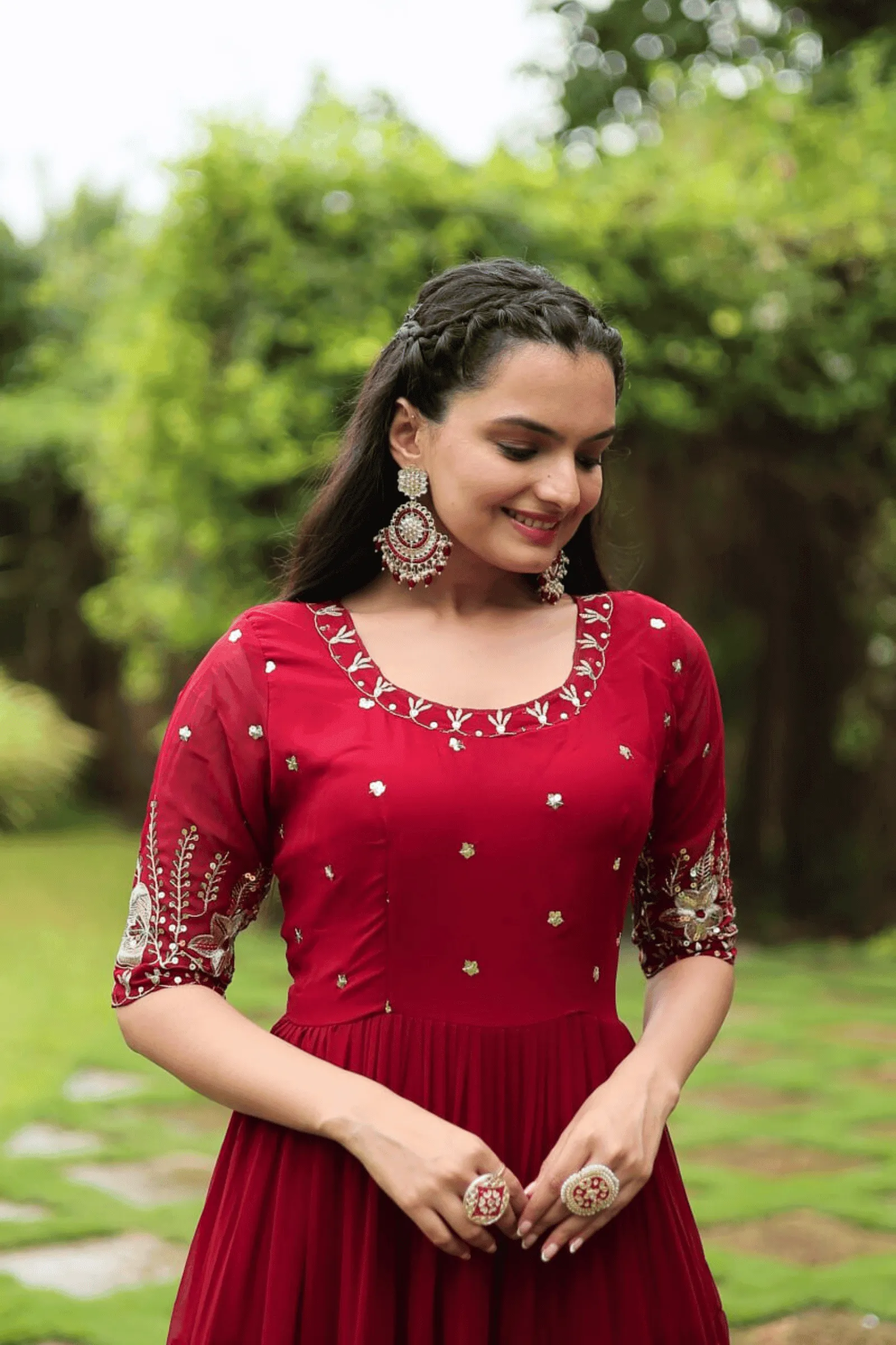 Glamwiz Cherry Red Anarkali Gown