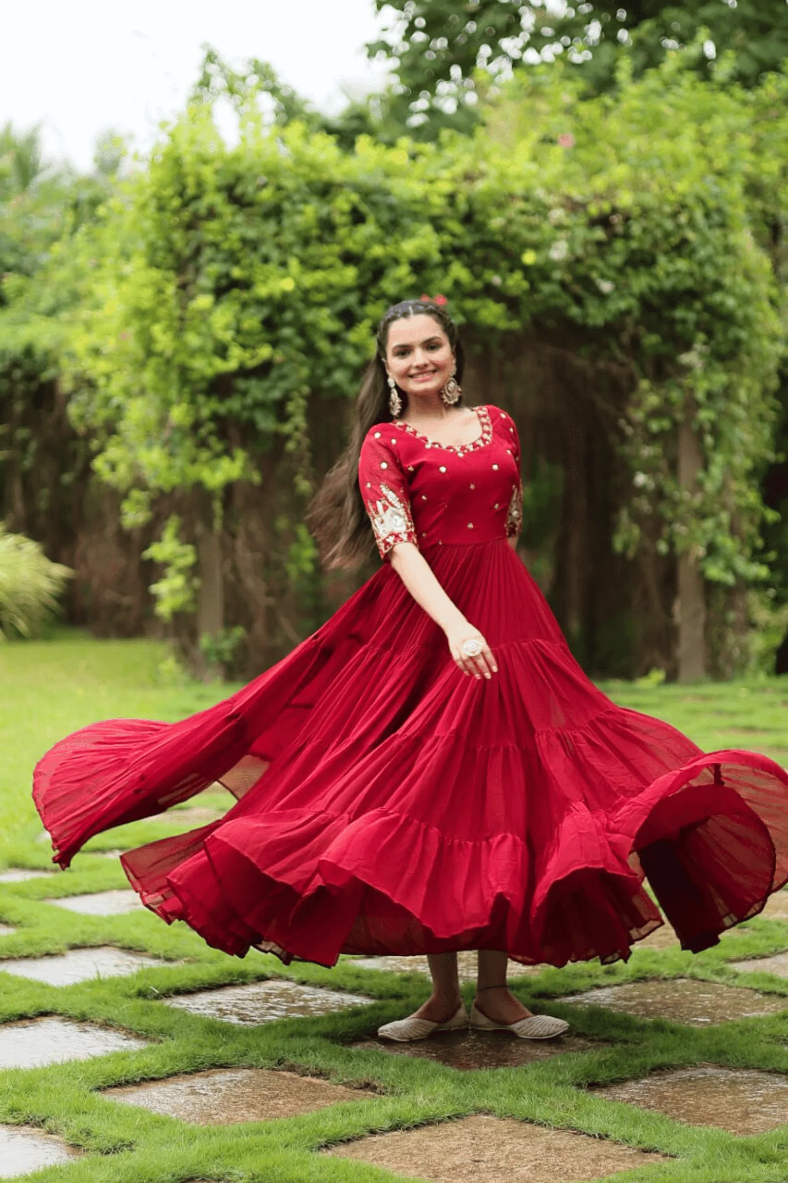 Glamwiz Cherry Red Anarkali Gown