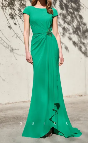 GM268 - Sheath Scoop Neck Short Sleeves Pleated Long Cocktail Dress