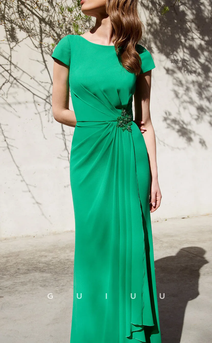 GM268 - Sheath Scoop Neck Short Sleeves Pleated Long Cocktail Dress