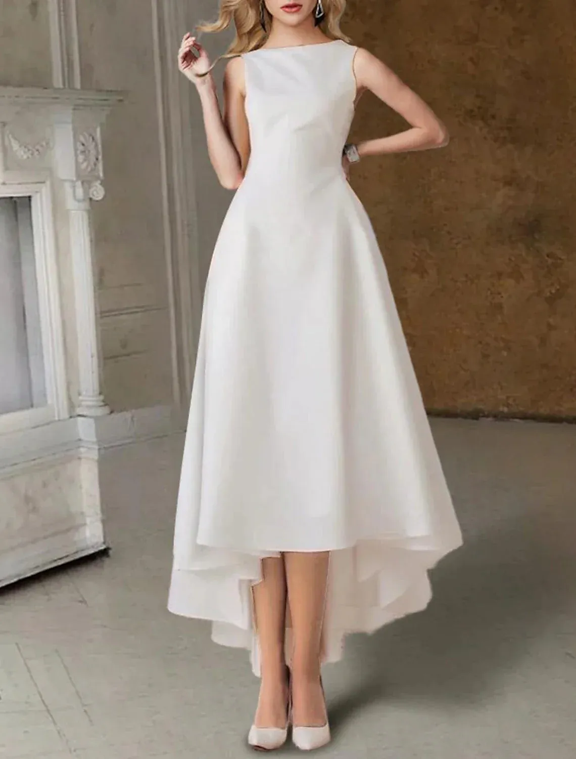 Hall Little White Dresses Wedding Dresses A-Line Scoop Neck Sleeveless Tea Length Satin Bridal Gowns With Pleats Solid Color