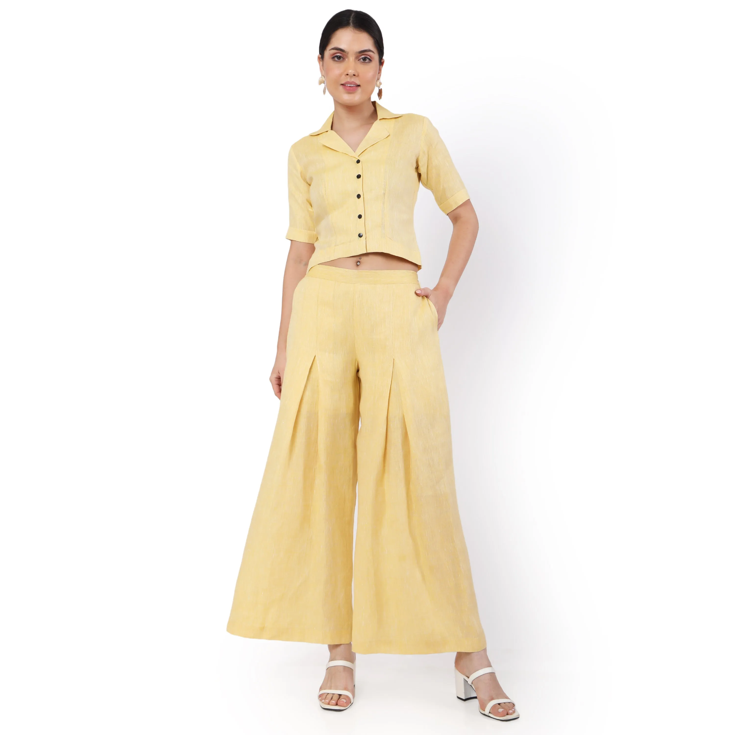 Hemp Yellow Pallazo And Shirt Co-Ord Set