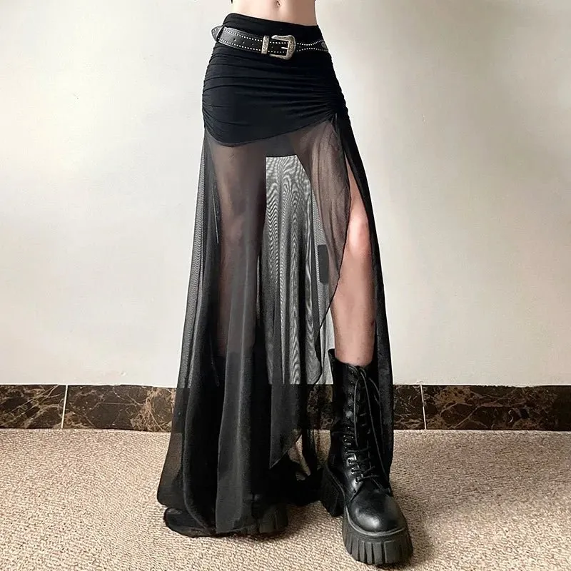 High Waist Mesh Black Maxi Skirt