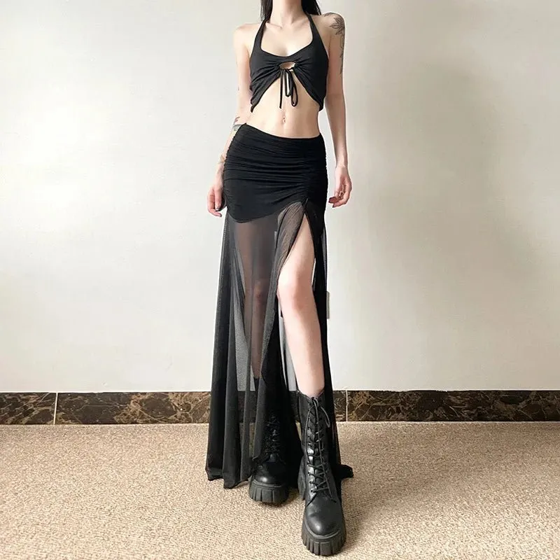 High Waist Mesh Black Maxi Skirt
