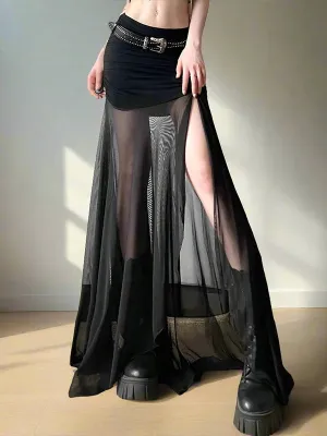 High Waist Mesh Black Maxi Skirt