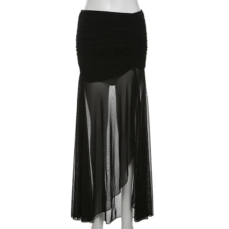 High Waist Mesh Black Maxi Skirt