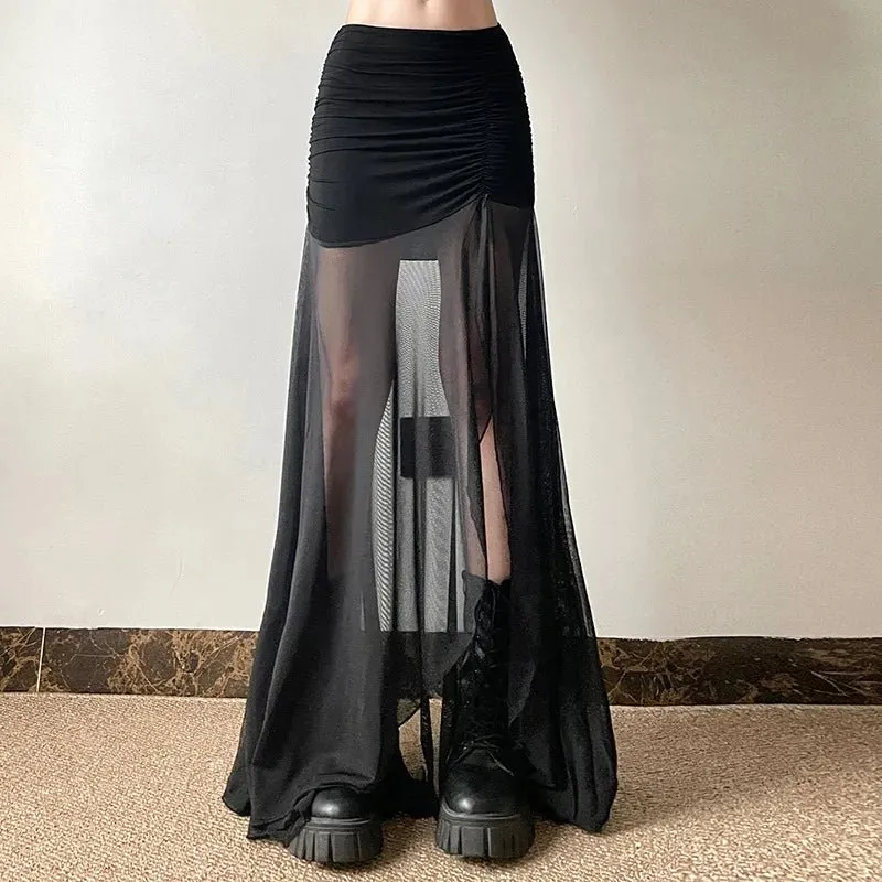 High Waist Mesh Black Maxi Skirt