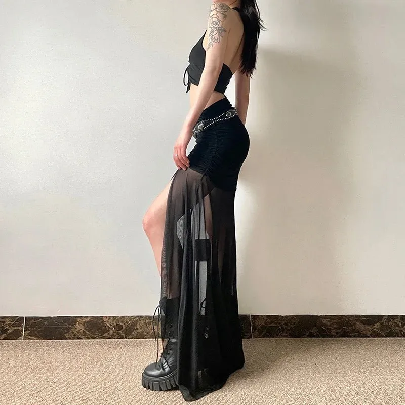 High Waist Mesh Black Maxi Skirt