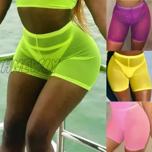 Hnewly Summer Fashion Yellow Mesh Transaparent Sexy Women Casual Shorts Ladies High Waist Shorts Summer Shorts Sexy Shorts