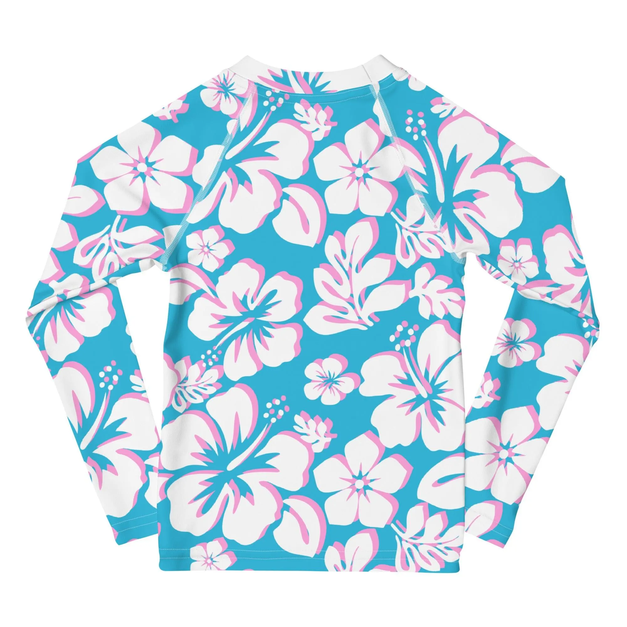 Kids Aqua, Pink and White Hawaiian Flowers Rash Guard