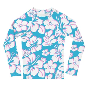 Kids Aqua, Pink and White Hawaiian Flowers Rash Guard