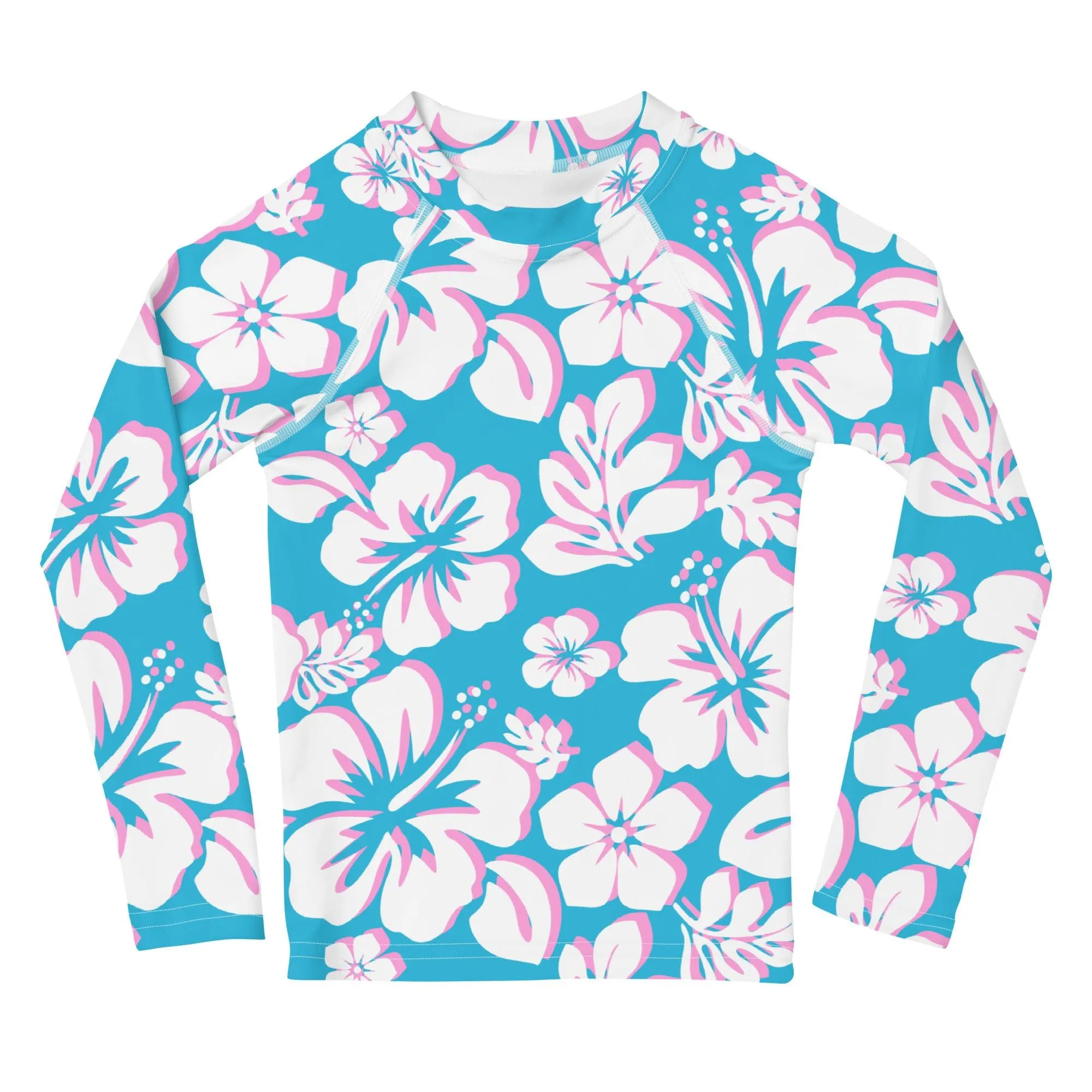 Kids Aqua, Pink and White Hawaiian Flowers Rash Guard