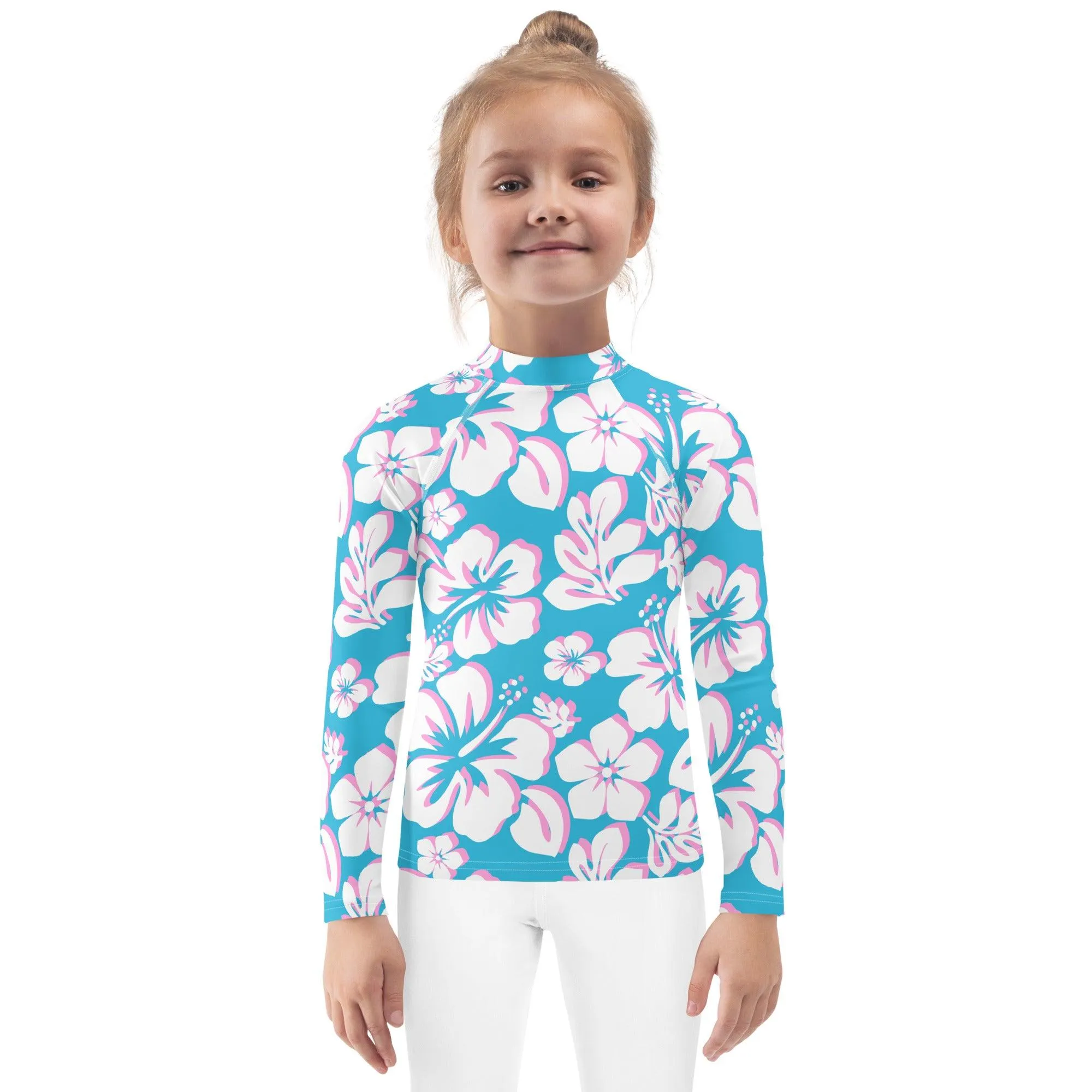 Kids Aqua, Pink and White Hawaiian Flowers Rash Guard
