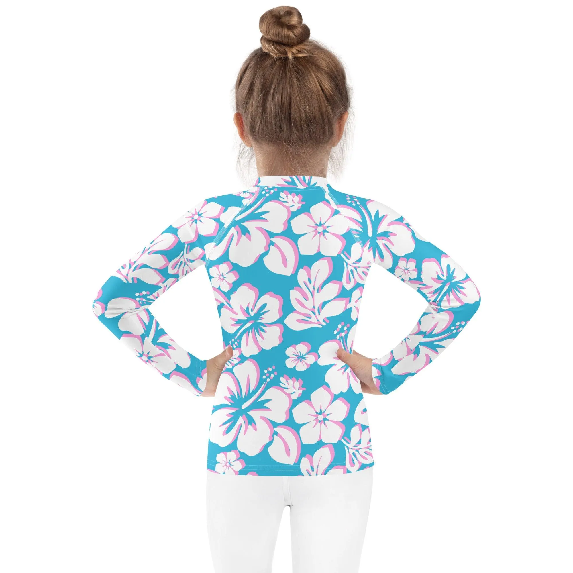 Kids Aqua, Pink and White Hawaiian Flowers Rash Guard