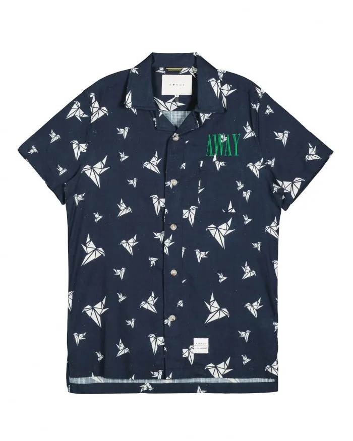 Konus Men's Revere Collar Shirt w/ Hummingbird Print in Navy
