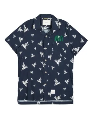 Konus Men's Revere Collar Shirt w/ Hummingbird Print in Navy