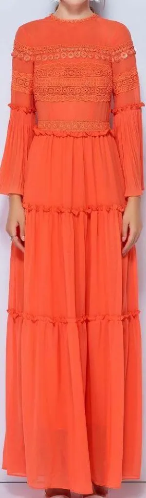Lace-Embroidered Ruffle-Trim Gown