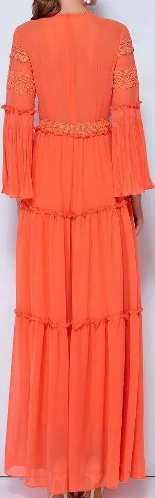 Lace-Embroidered Ruffle-Trim Gown