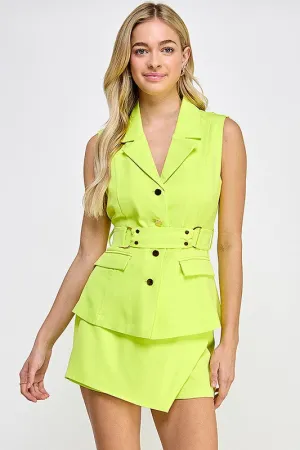 Lime Blazer Vest and Mini Skort Set with Belt