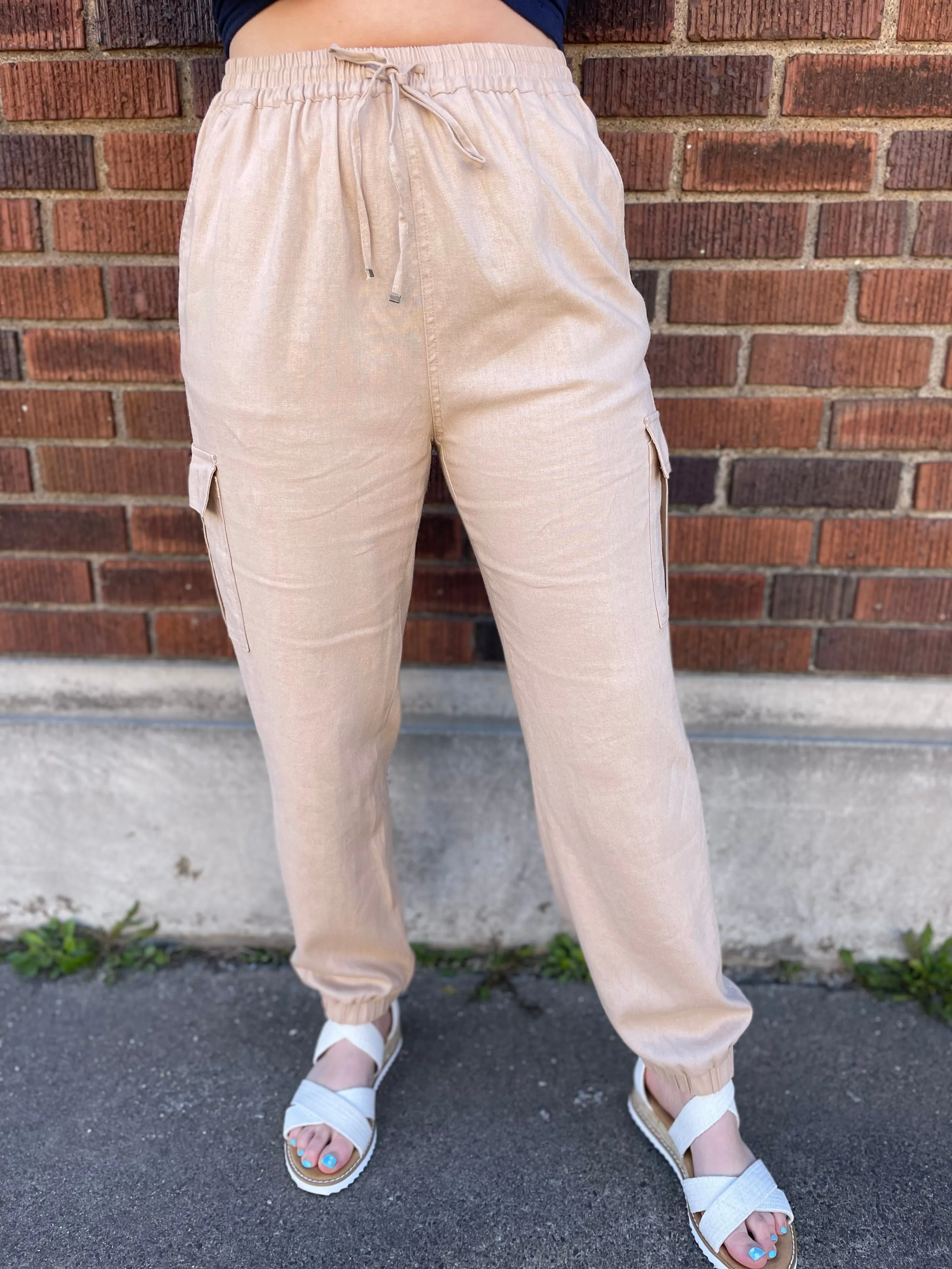 Linen Drawstring Cargo Jogger Pants