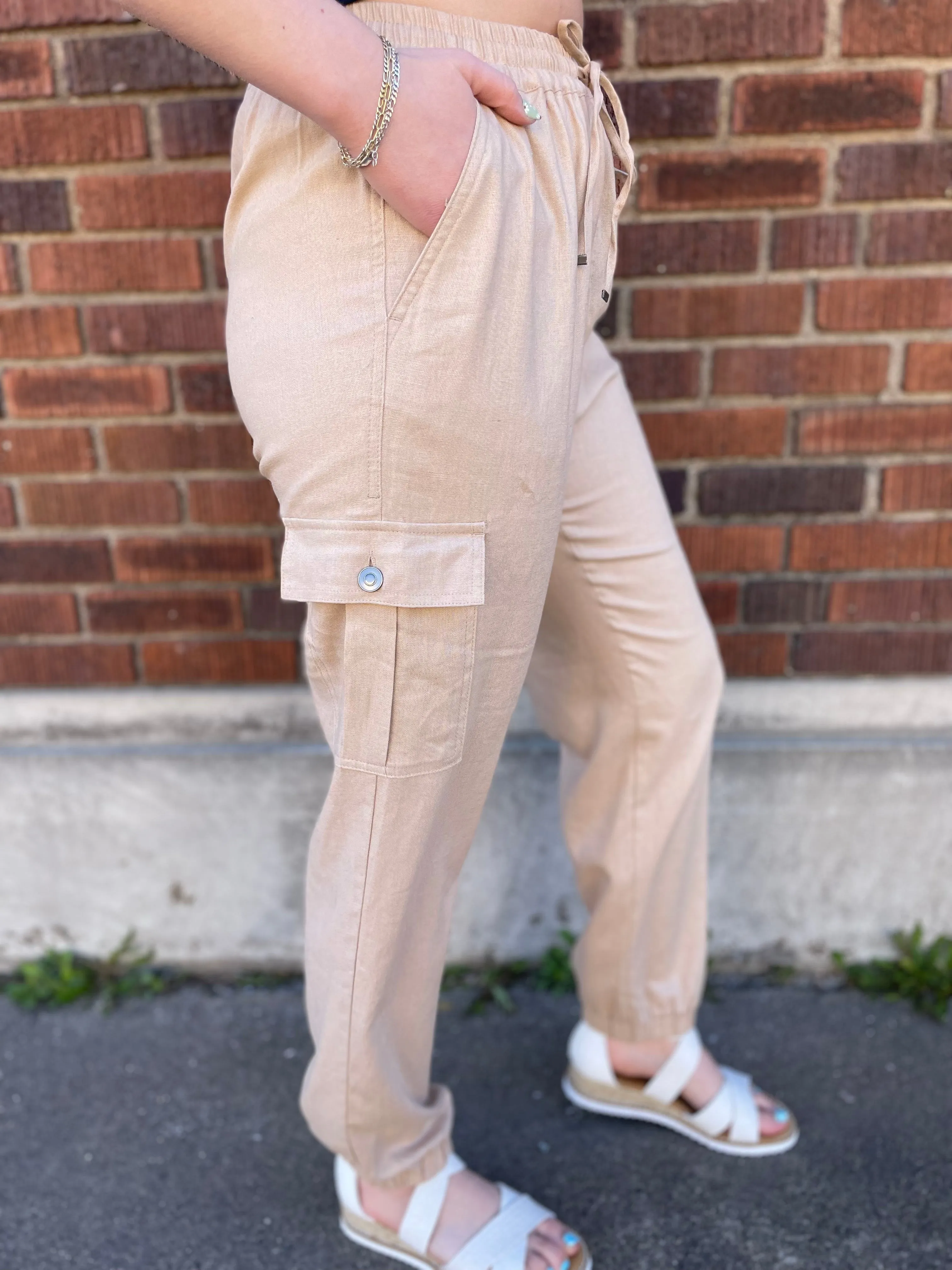 Linen Drawstring Cargo Jogger Pants