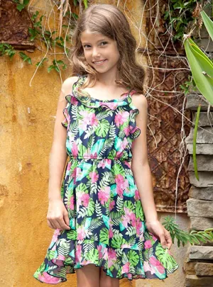 Little Girls Tropical Floral Ruffled Dress