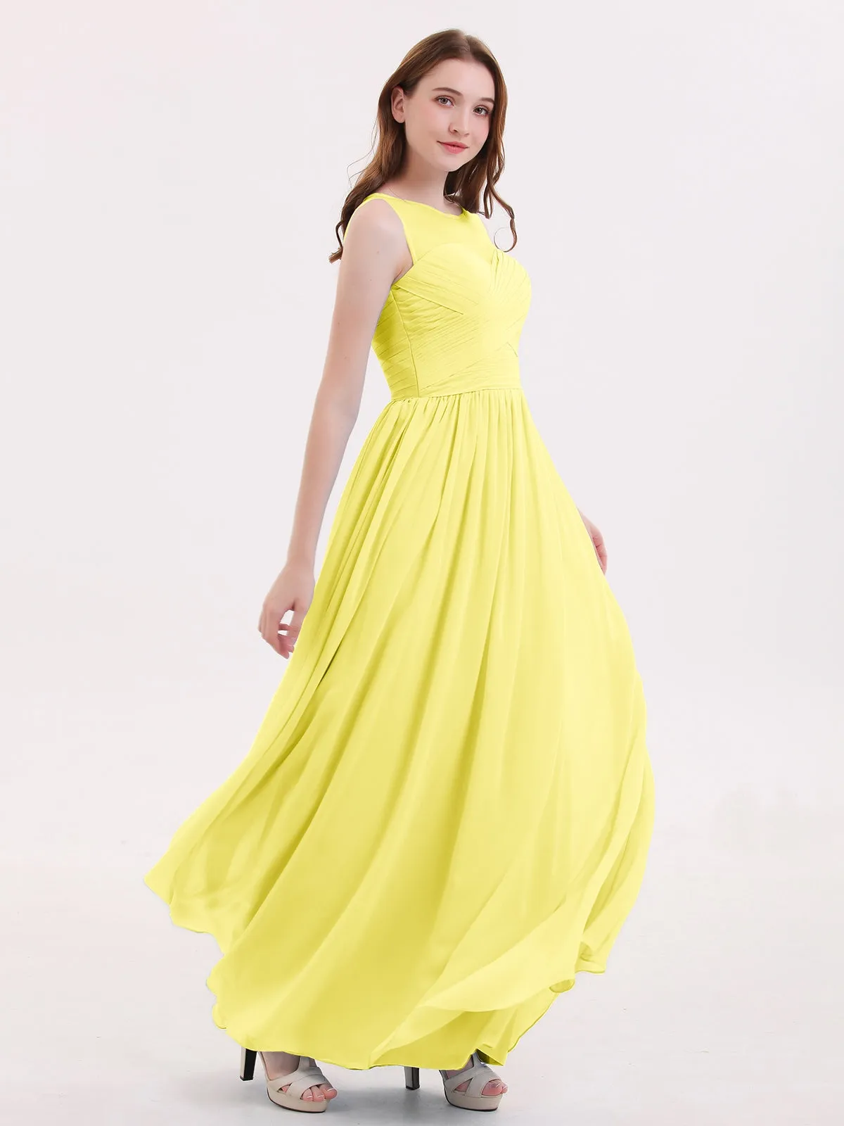 Long Chiffon Gowns with Illusion Neckline-Lemon