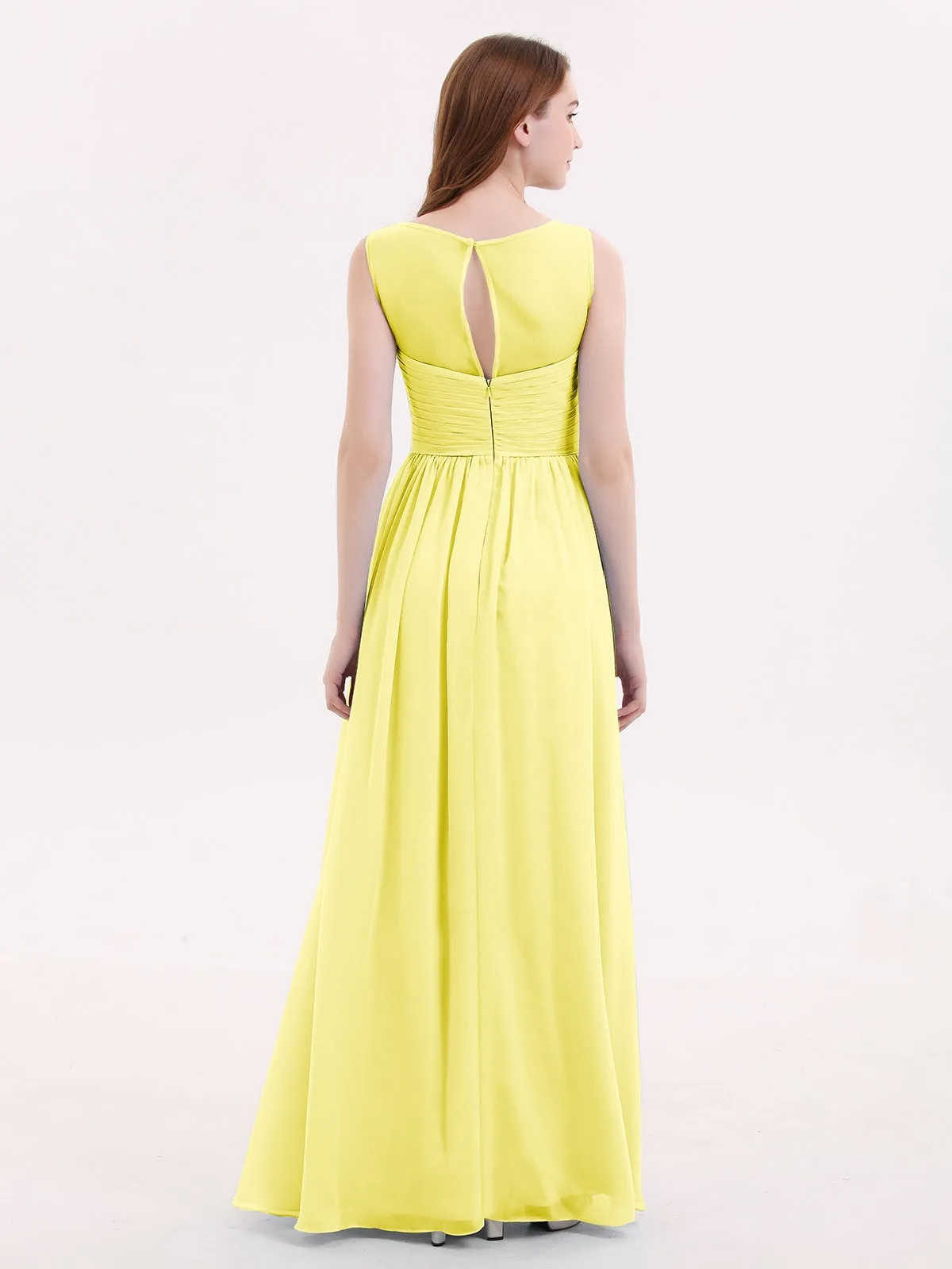 Long Chiffon Gowns with Illusion Neckline-Lemon