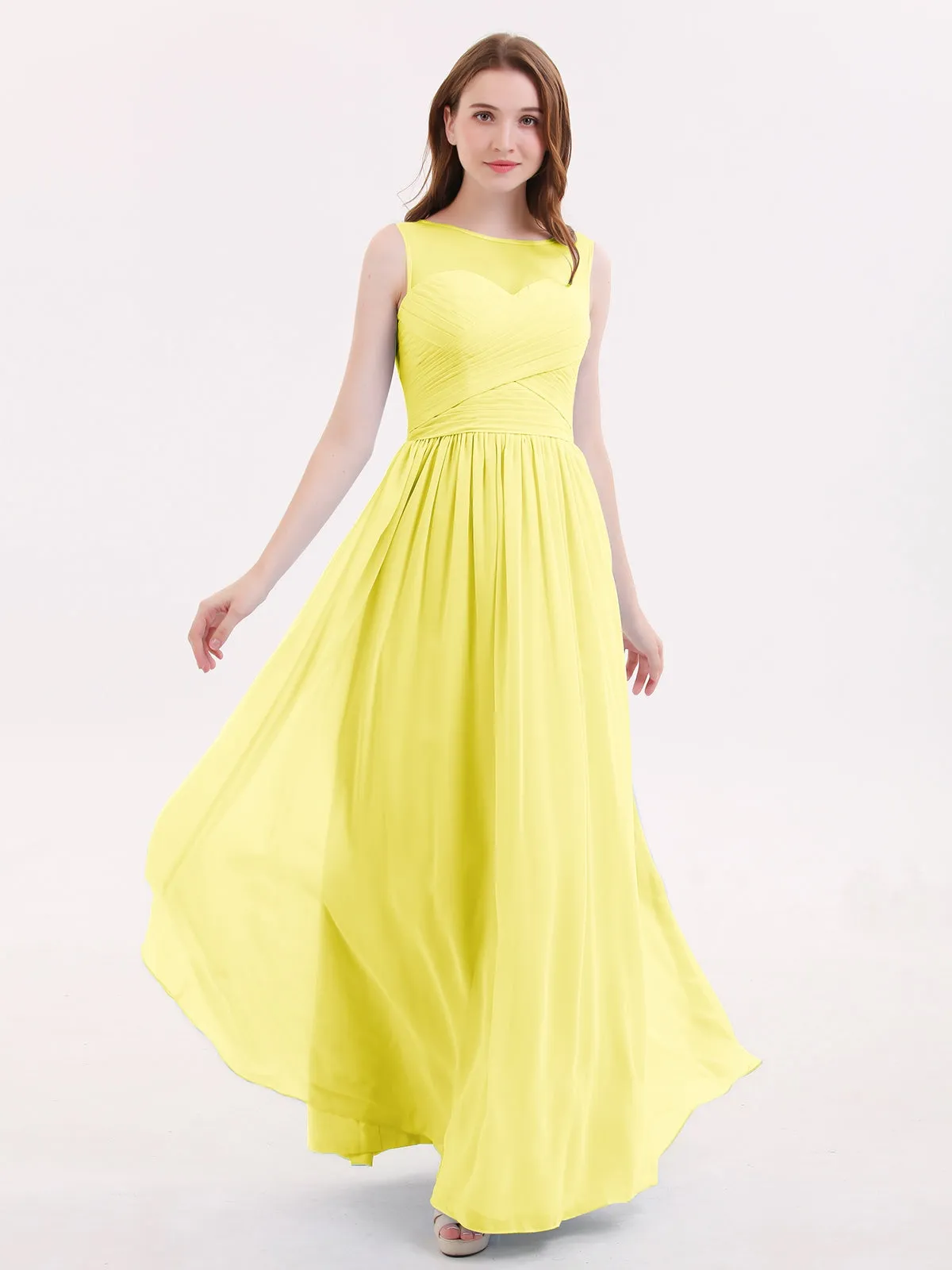 Long Chiffon Gowns with Illusion Neckline-Lemon