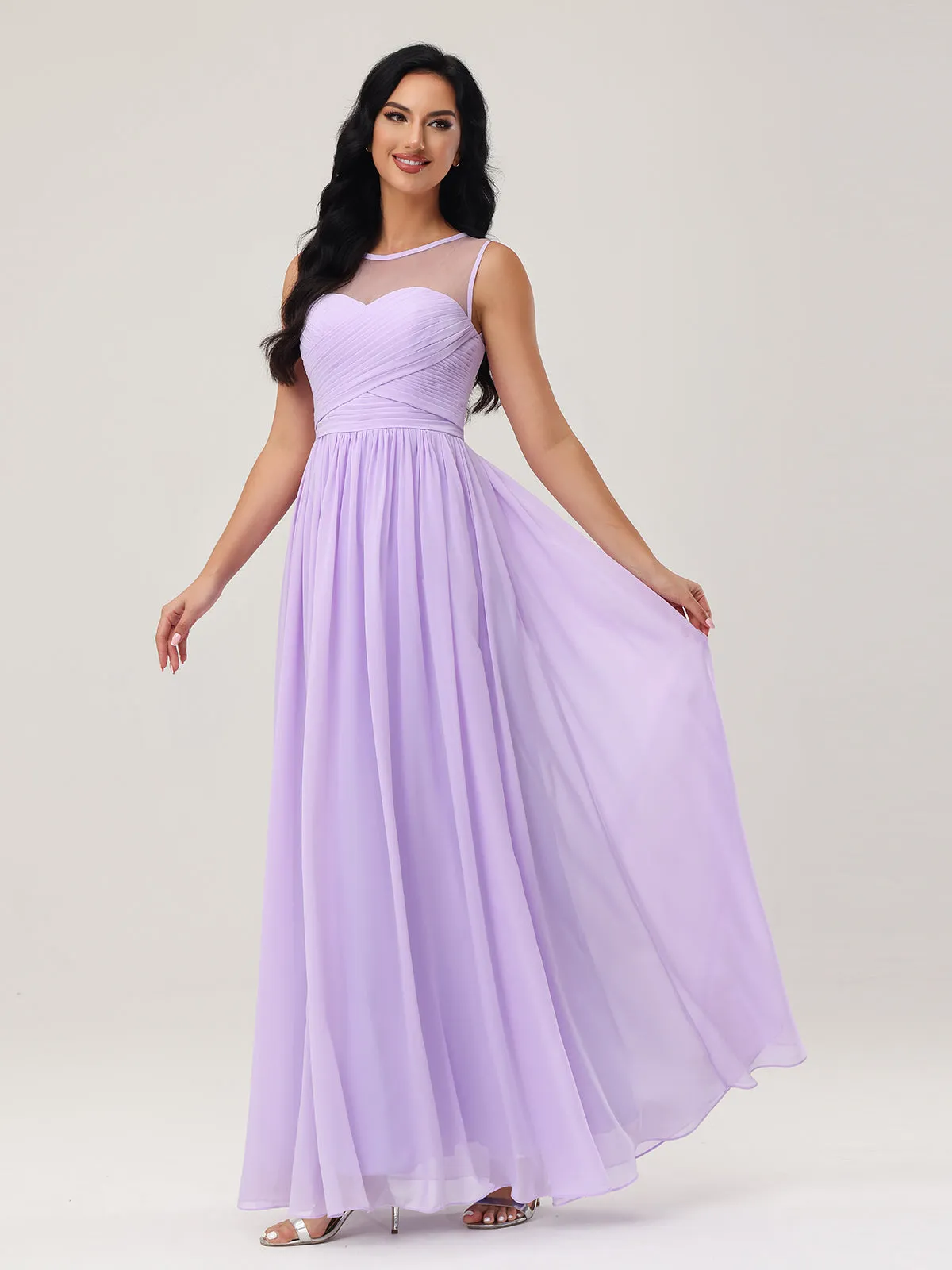 Long Chiffon Gowns with Illusion Neckline-Lilac