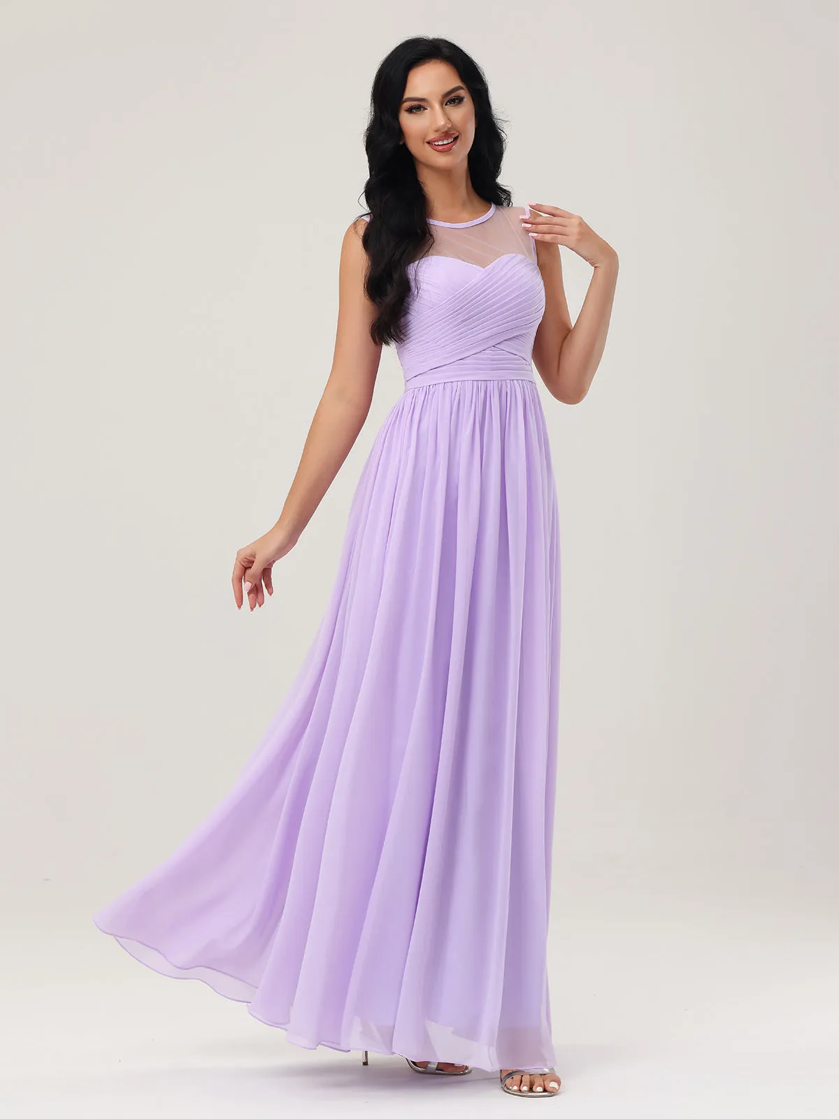 Long Chiffon Gowns with Illusion Neckline-Lilac