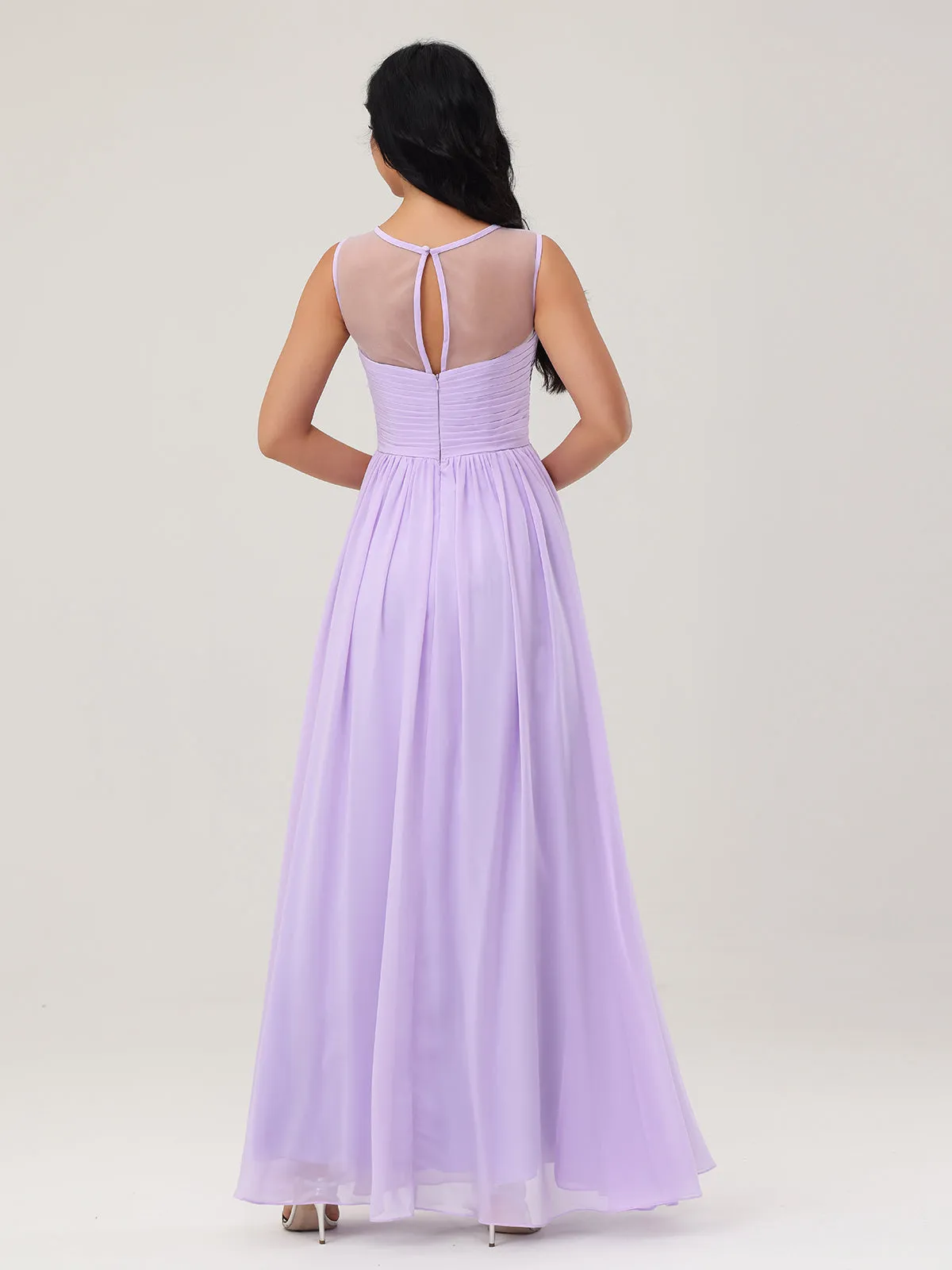 Long Chiffon Gowns with Illusion Neckline-Lilac