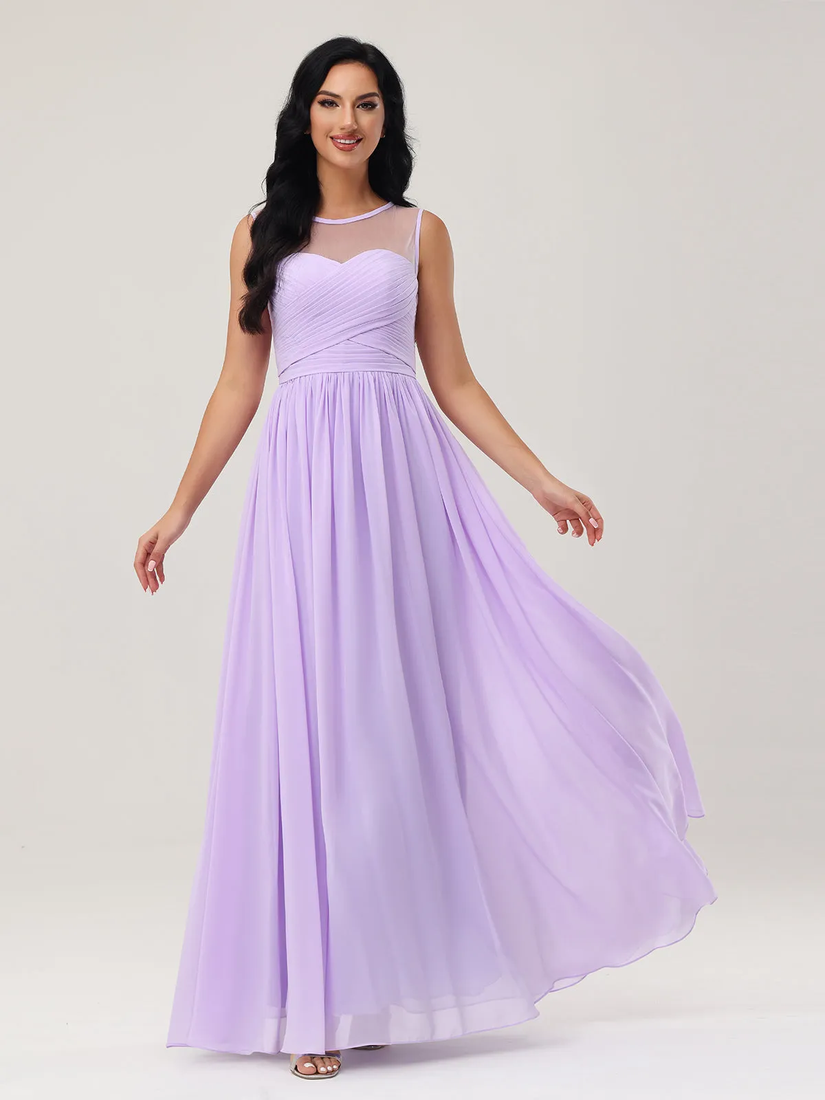 Long Chiffon Gowns with Illusion Neckline-Lilac