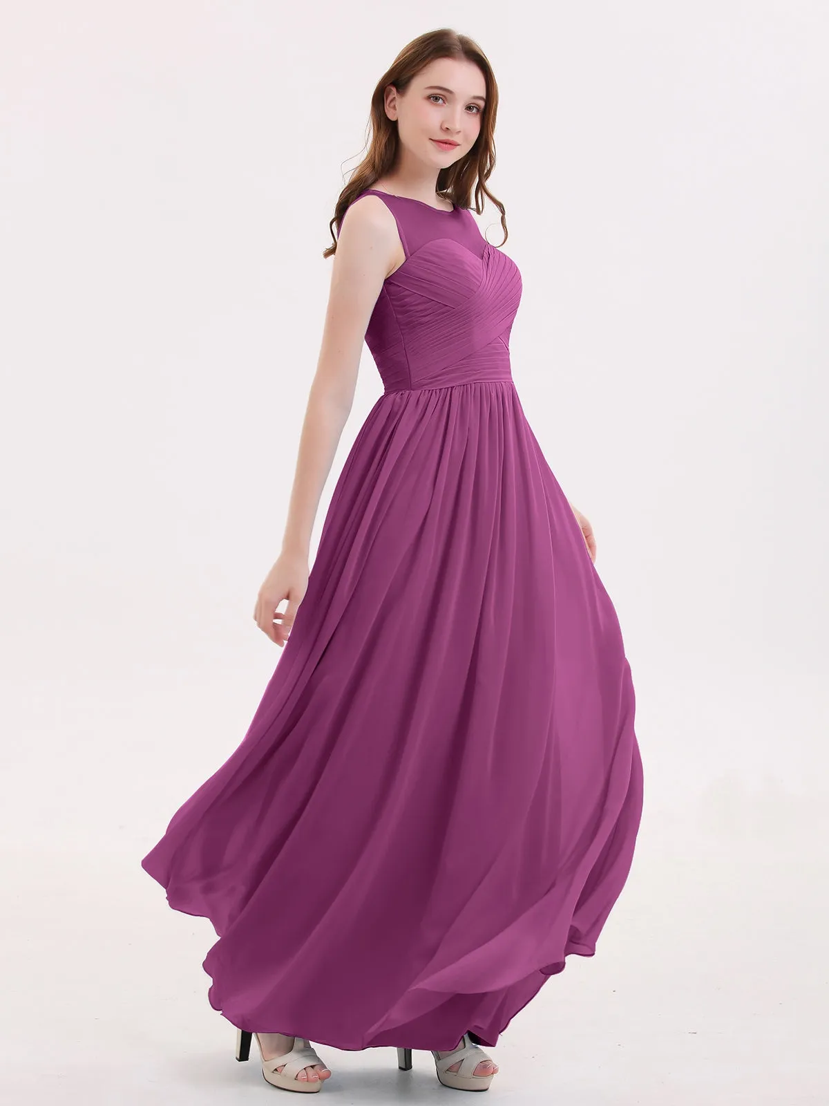 Long Chiffon Gowns with Illusion Neckline-Orchid