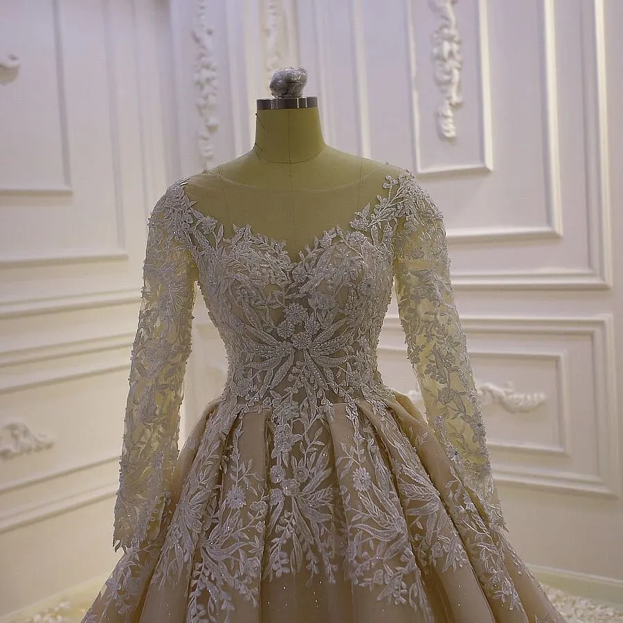 Long Sleeve Aline Wedding Dress Champagne Wedding Gown